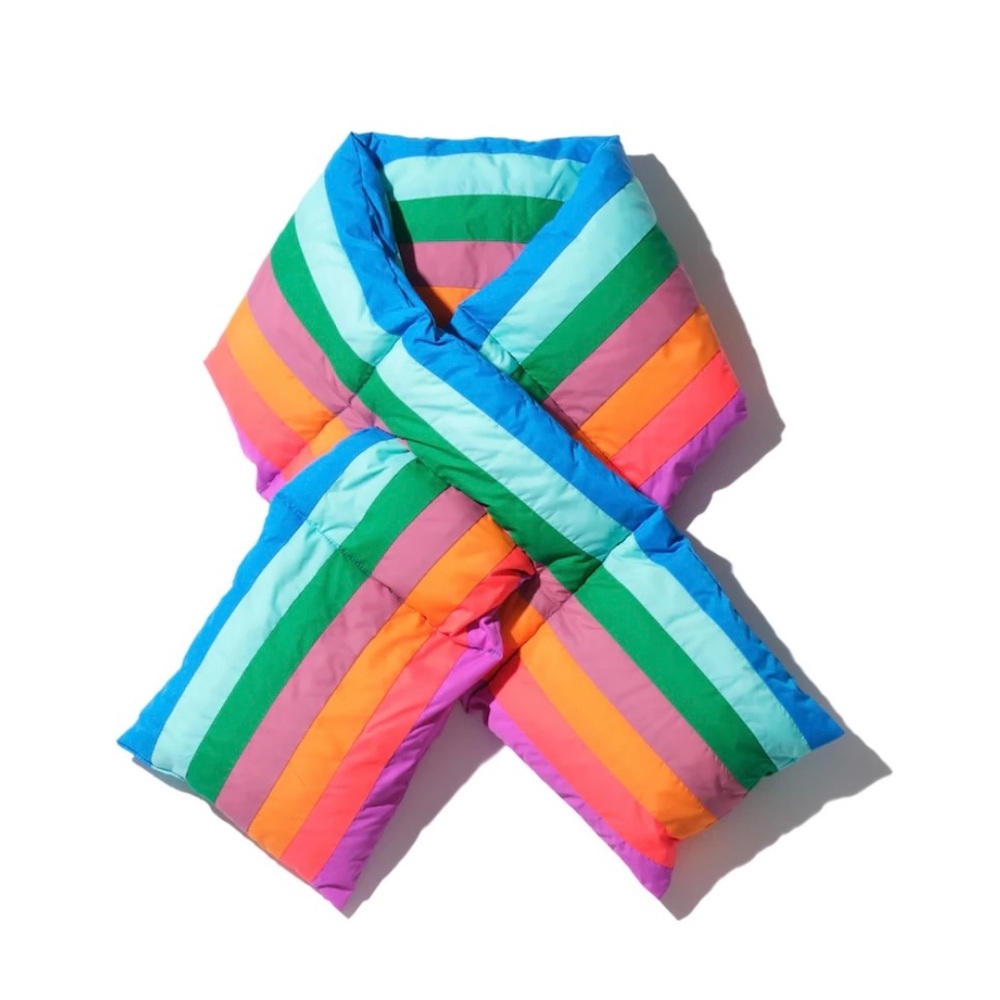 KULE Rainbow Stripe Puffer Scarf in Blue, Green, Turquoise, Pink, Orange